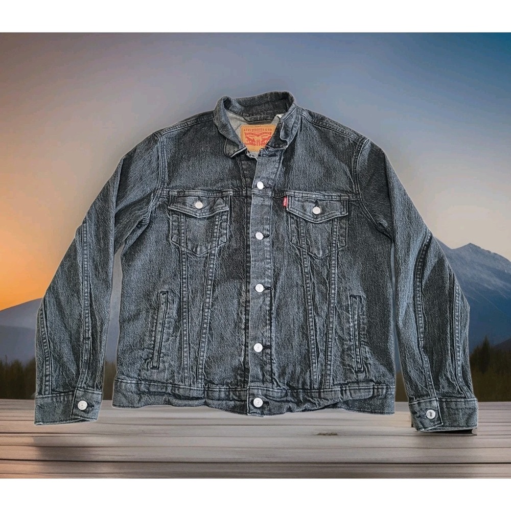 Levi's Jacket Mens‎ L Black Charcoal Type III Trucker Denim Stretch Western
